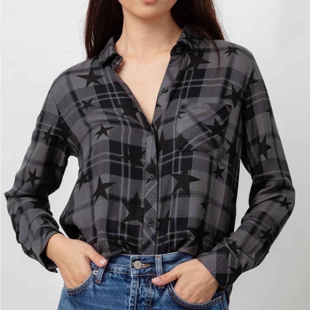 Rails Women’s Shirt Plaid Stars sz L Ash Black NEW # A74
